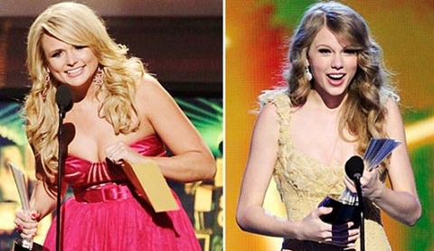 Taylor Swift (phải) thắng giải lớn nhất (Nhân vật giải trí của năm) nhưng Miranda Lambert mới là người thắng lớn nhất tại ACM Awards năm nay với 4 giải. Ảnh: lugaluda.